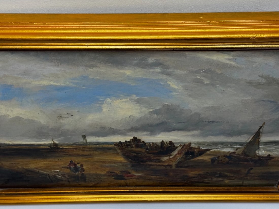 Oil Painting Ships Hulk Wreck Moreton Beach Wirral Historic Leasowe Lighthouse - 5