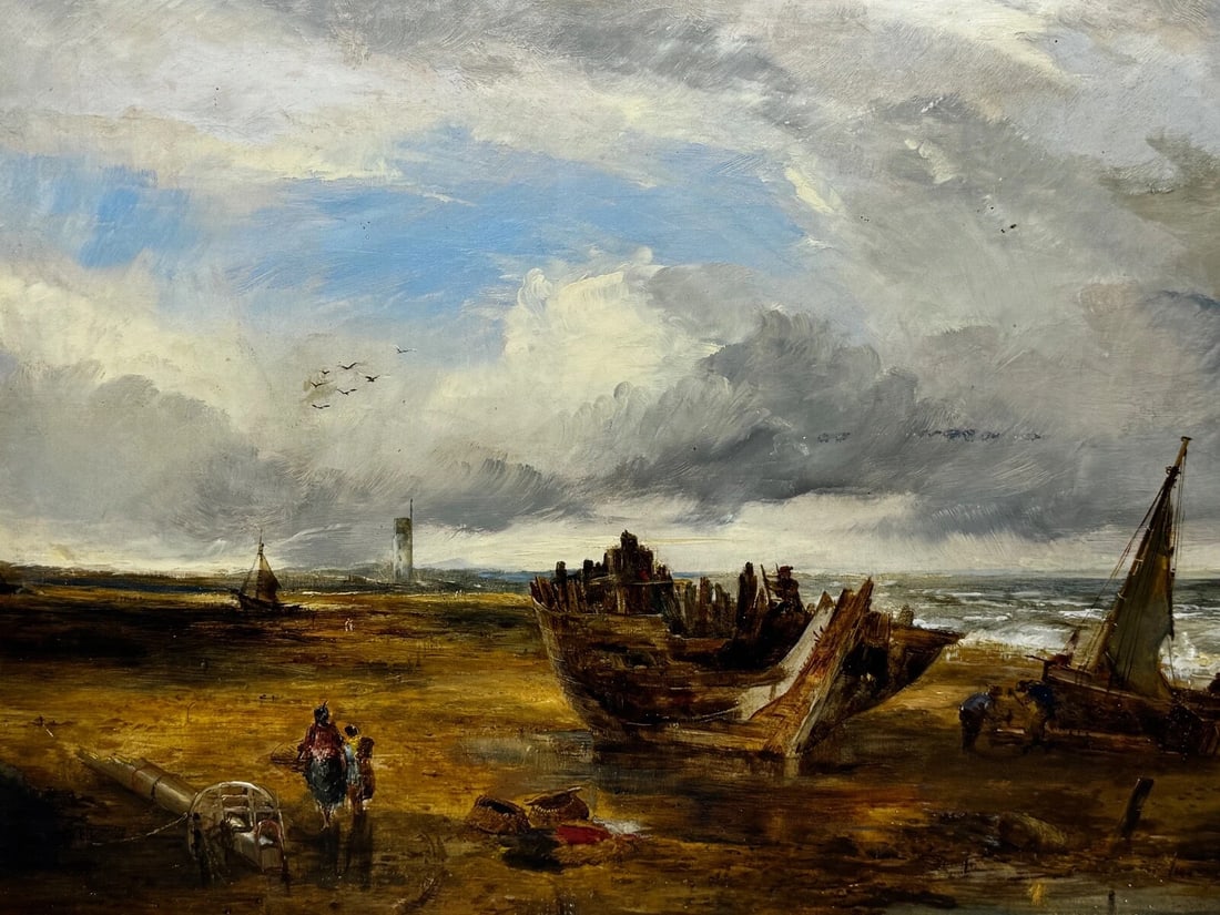 Oil Painting Ships Hulk Wreck Moreton Beach Wirral Historic Leasowe Lighthouse - 8