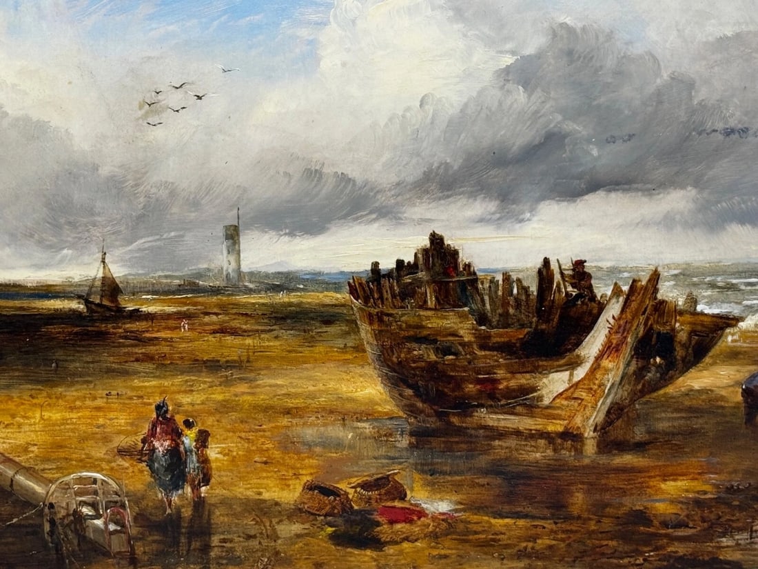 Oil Painting Ships Hulk Wreck Moreton Beach Wirral Historic Leasowe Lighthouse - 9