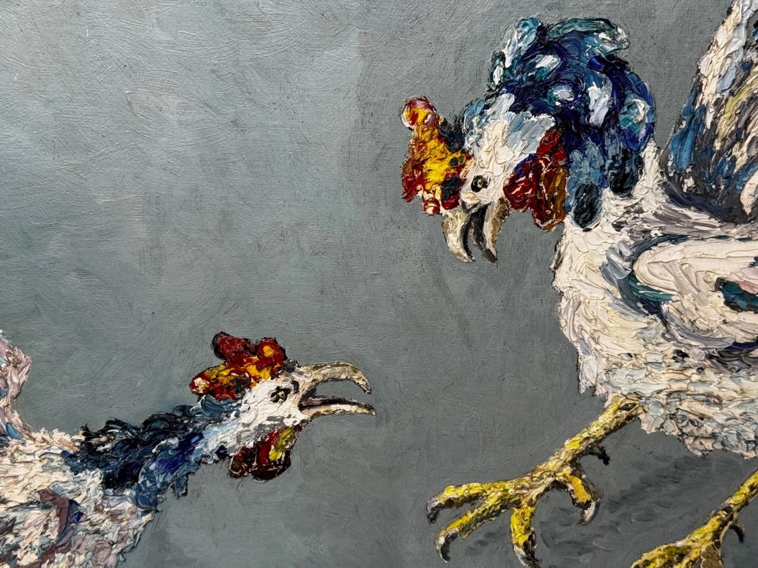 Expressionist Heavy Impasto Oil Painting Cocks Fight After Leon Kossoff C1965 - 10