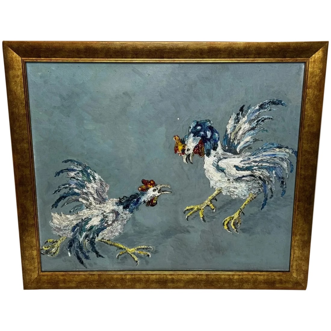 Expressionist Heavy Impasto Oil Painting Cocks Fight After Leon Kossoff C1965 (1 of 20)