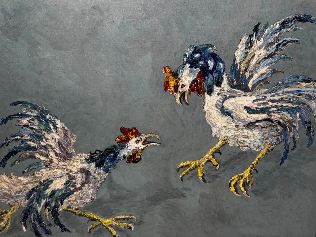 Expressionist Heavy Impasto Oil Painting Cocks Fight After Leon Kossoff C1965 - 2