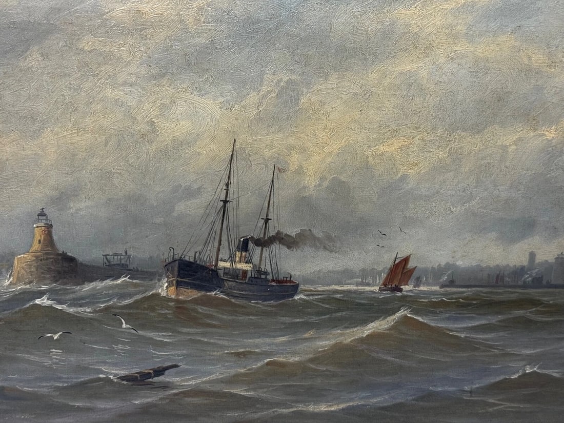 Victorian Marine Oil Painting Leaving the Tyne — John Davison Liddell C1890 - 2