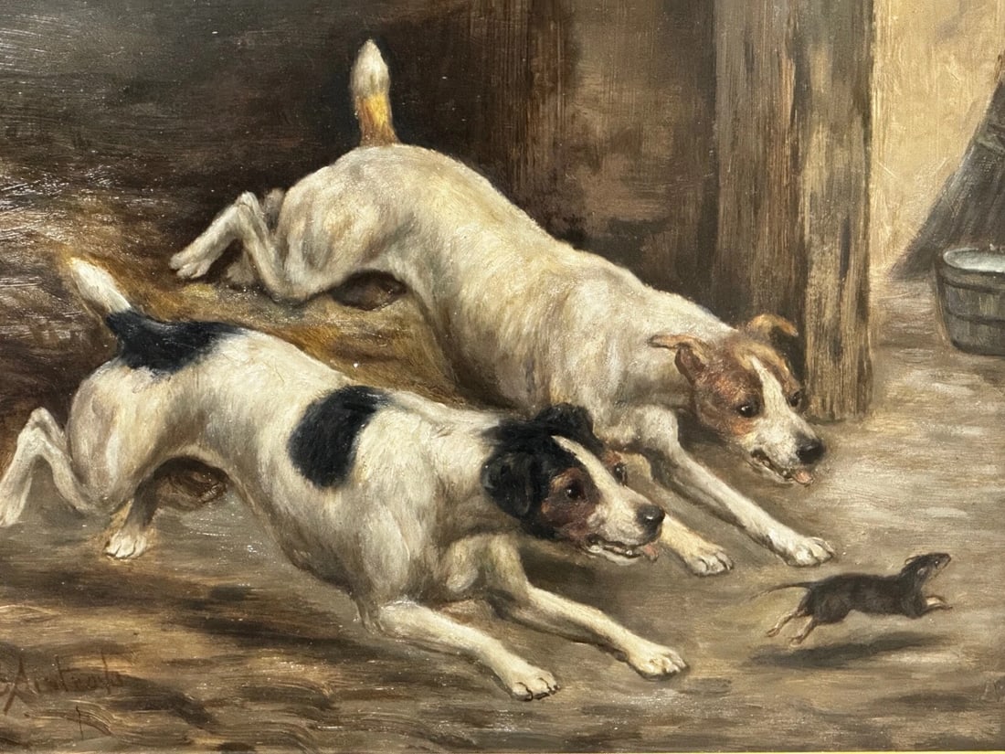 Victorian Hunting Oil Painting Two Jack Russell Terrier Dogs Chasing Rat In Barn - 2