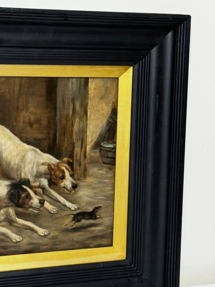 Victorian Hunting Oil Painting Two Jack Russell Terrier Dogs Chasing Rat In Barn - 3