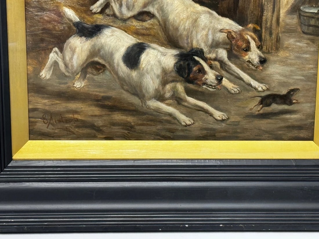 Victorian Hunting Oil Painting Two Jack Russell Terrier Dogs Chasing Rat In Barn - 4