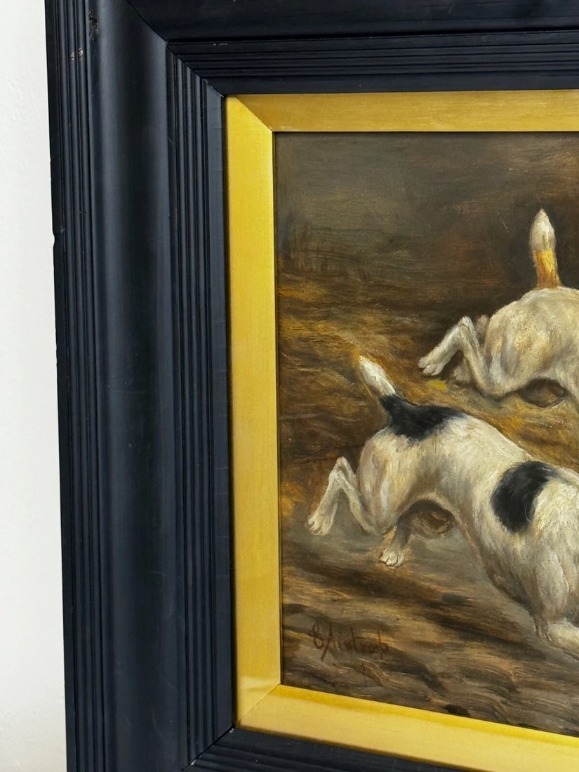 Victorian Hunting Oil Painting Two Jack Russell Terrier Dogs Chasing Rat In Barn - 5