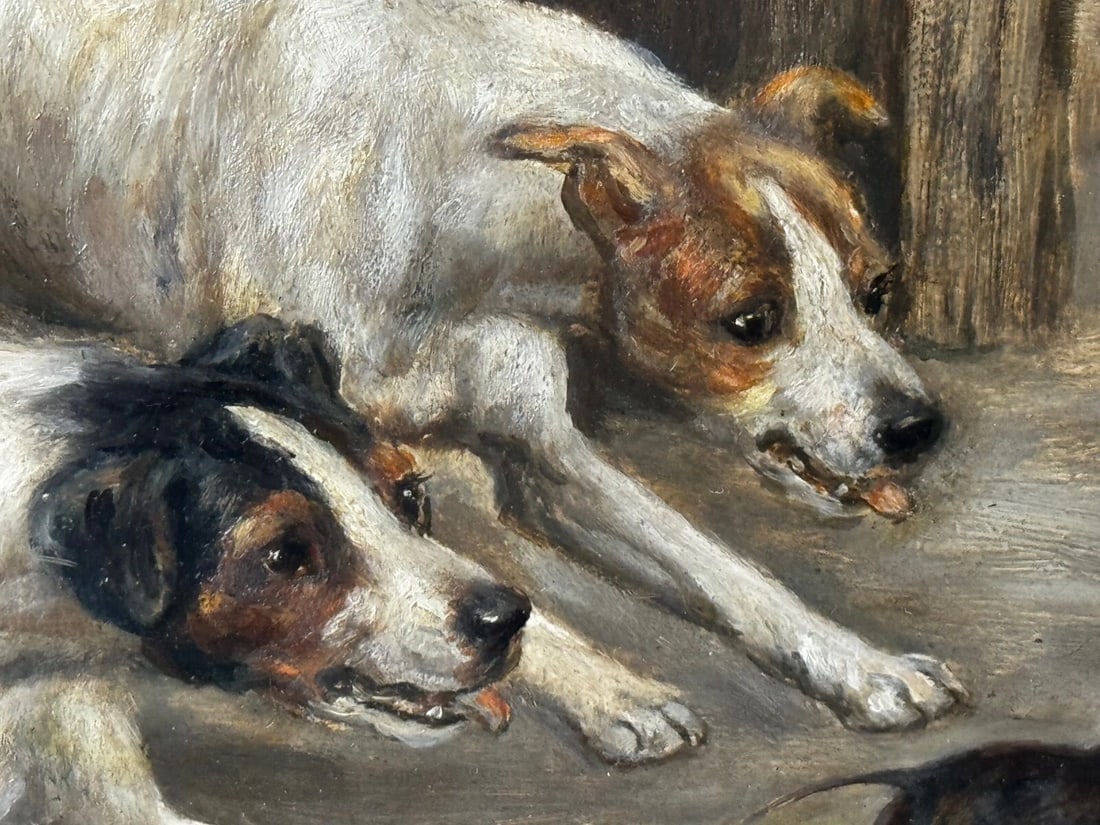 Victorian Hunting Oil Painting Two Jack Russell Terrier Dogs Chasing Rat In Barn - 8