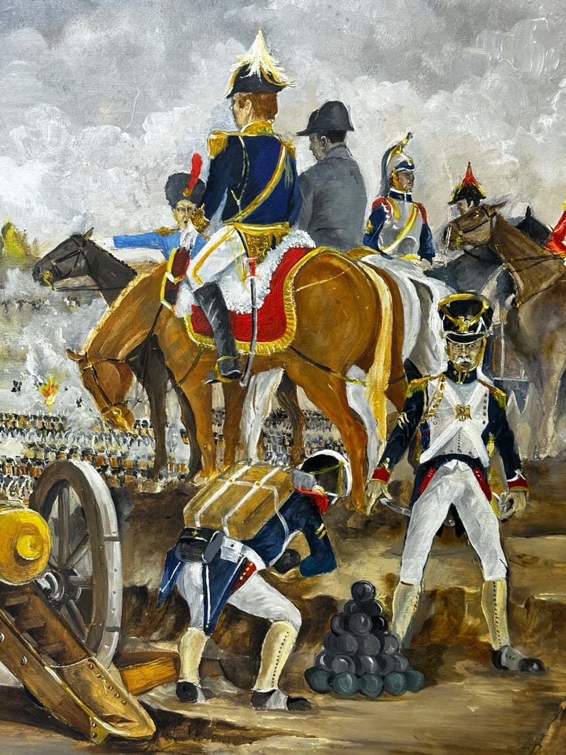 Oil Painting Battle Waterloo Red Coats Against French Napoleon & Ney Overlooking - 12