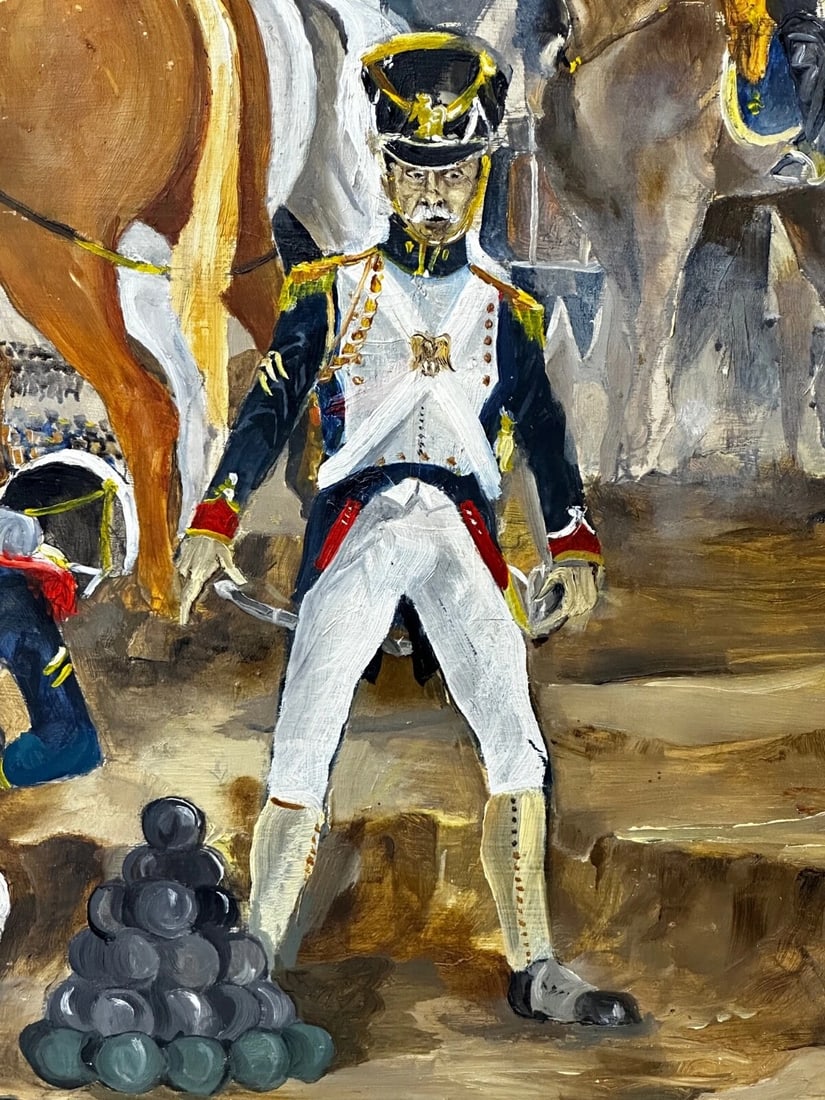 Oil Painting Battle Waterloo Red Coats Against French Napoleon & Ney Overlooking - 15