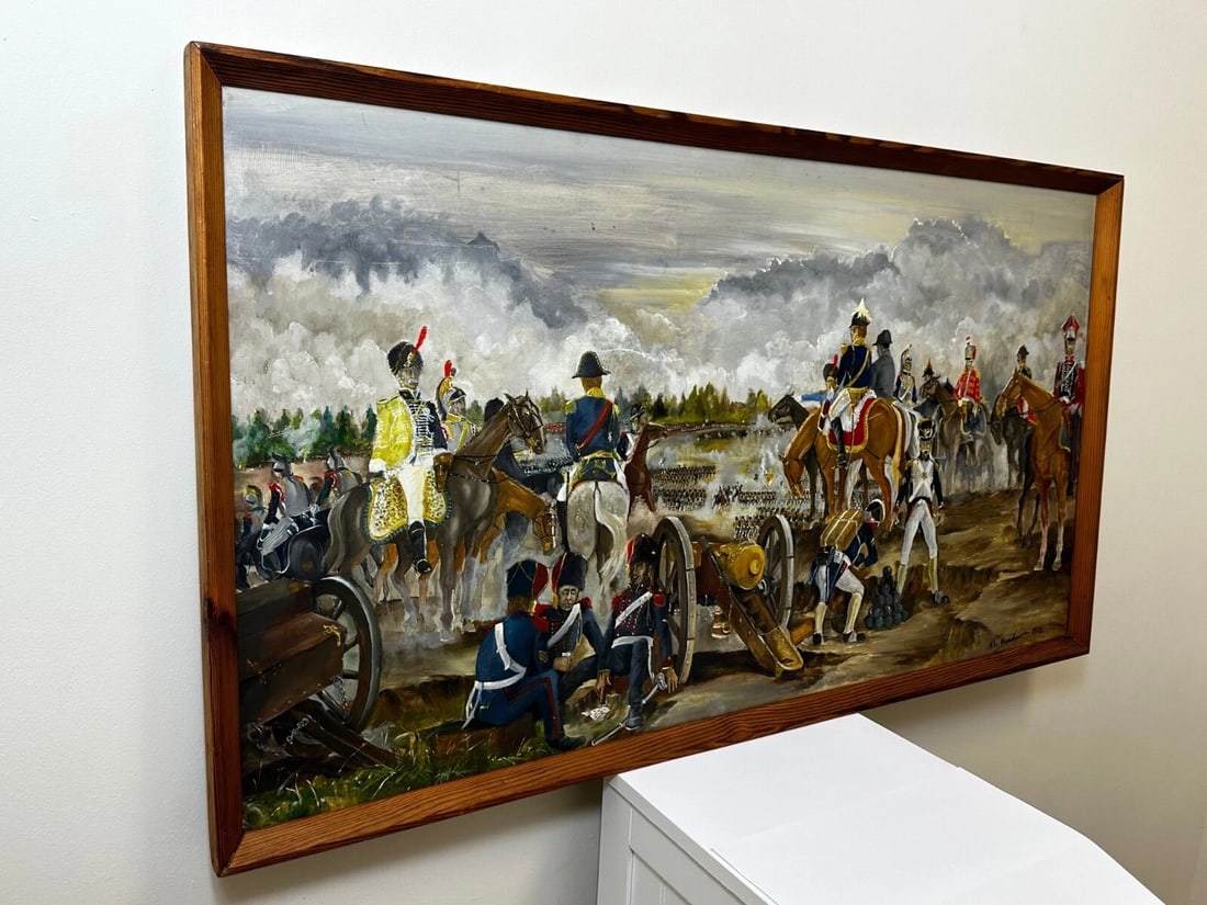 Oil Painting Battle Waterloo Red Coats Against French Napoleon & Ney Overlooking - 9
