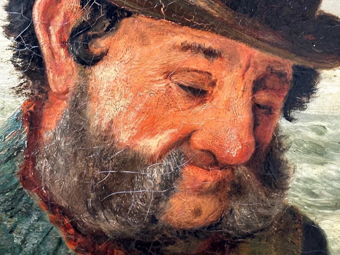 Newlyn 19th Century Marine Oil Painting Portrait Cornish Fisherman Hooked Catch - 19