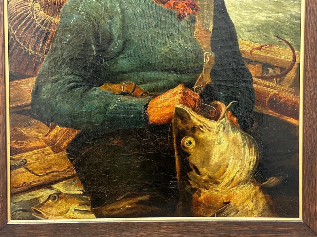 Newlyn 19th Century Marine Oil Painting Portrait Cornish Fisherman Hooked Catch - 5