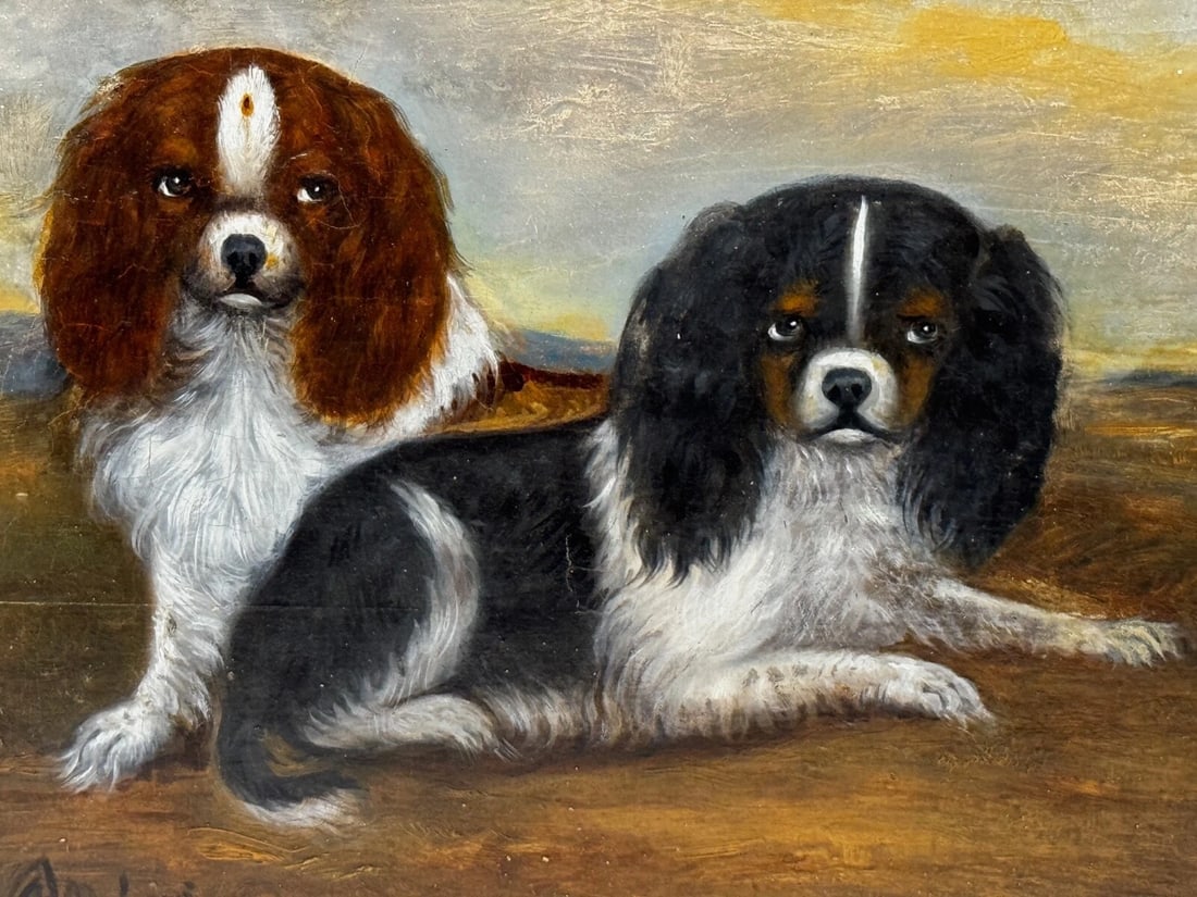 British 19th Century Oil Painting Animal Portrait Of King Charles Spaniel Dogs - 2