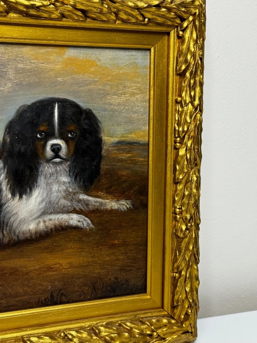 British 19th Century Oil Painting Animal Portrait Of King Charles Spaniel Dogs - 3