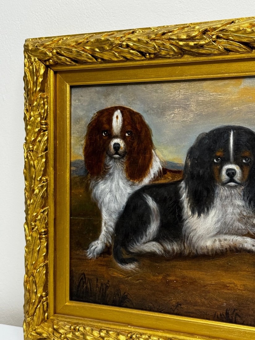 British 19th Century Oil Painting Animal Portrait Of King Charles Spaniel Dogs - 4