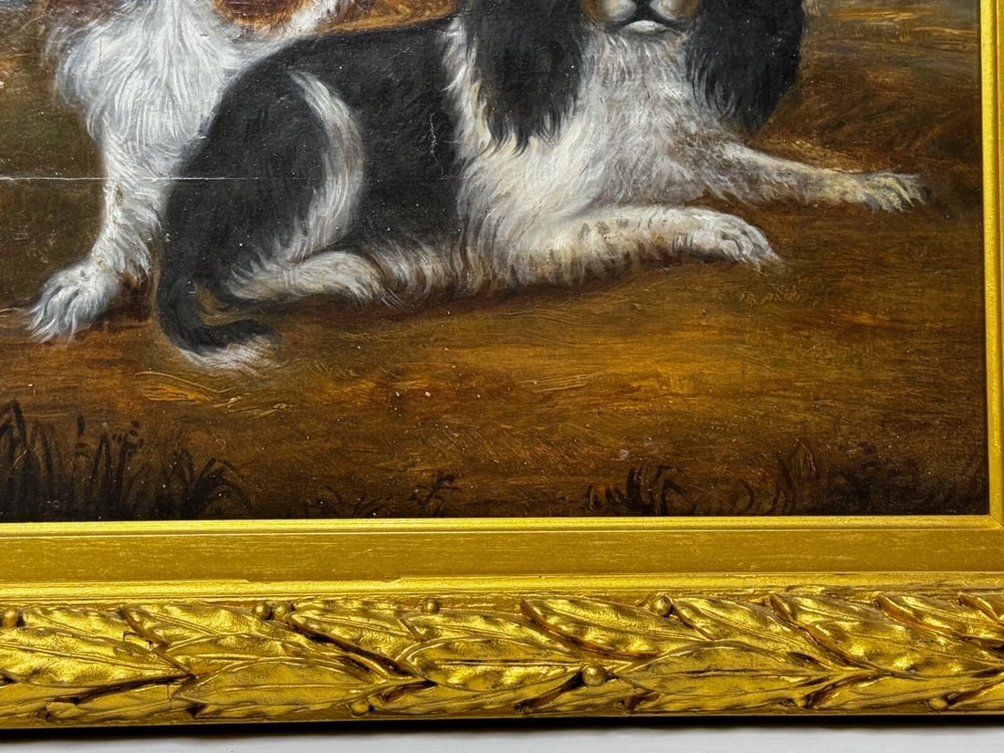 British 19th Century Oil Painting Animal Portrait Of King Charles Spaniel Dogs - 5