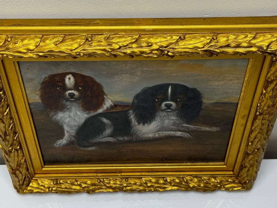 British 19th Century Oil Painting Animal Portrait Of King Charles Spaniel Dogs - 6