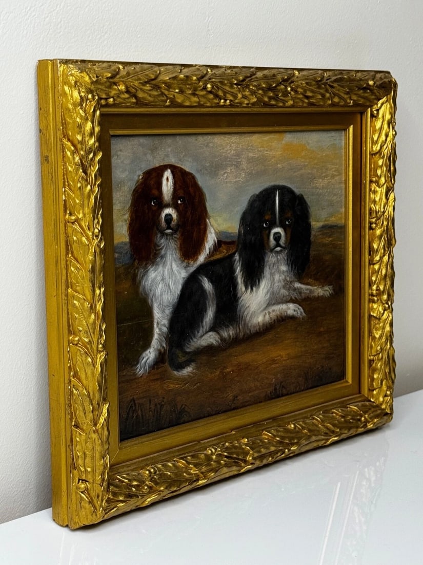 British 19th Century Oil Painting Animal Portrait Of King Charles Spaniel Dogs - 7