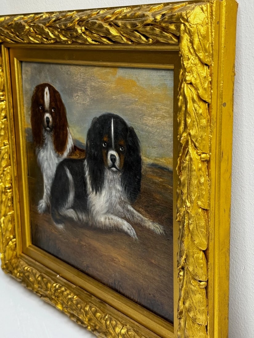 British 19th Century Oil Painting Animal Portrait Of King Charles Spaniel Dogs - 8
