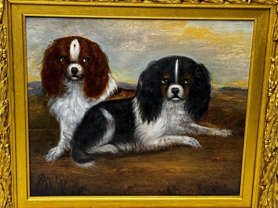 British 19th Century Oil Painting Animal Portrait Of King Charles Spaniel Dogs - 9