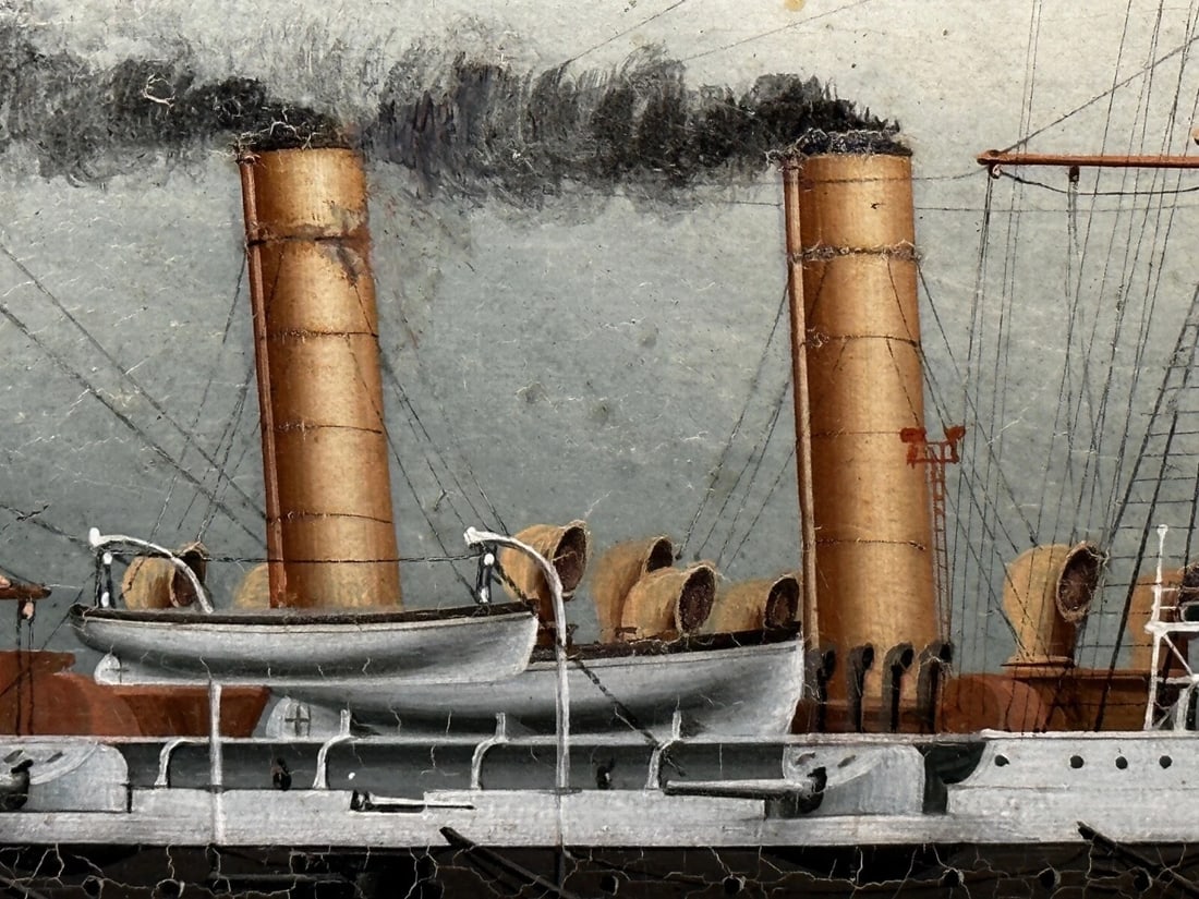 Oil Painting Marine Ship Blake Class Cruiser Royal Navy HMS Blenheim C1900's - 11