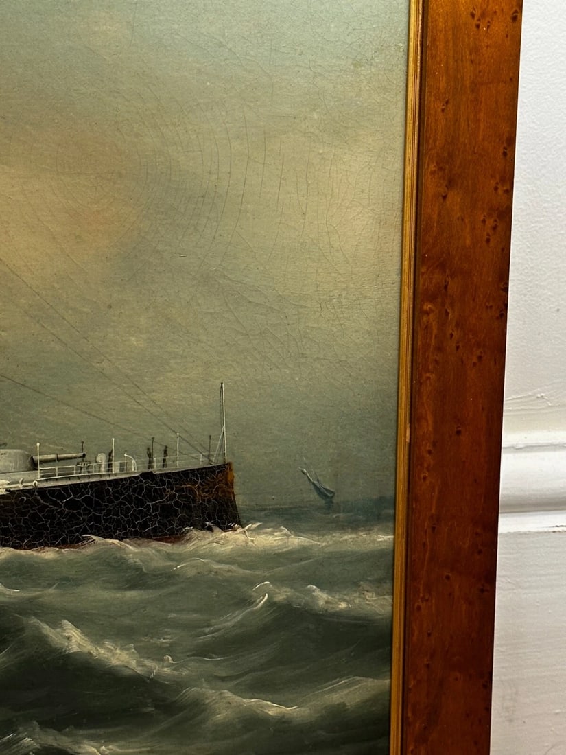 Oil Painting Marine Ship Blake Class Cruiser Royal Navy HMS Blenheim C1900's - 3