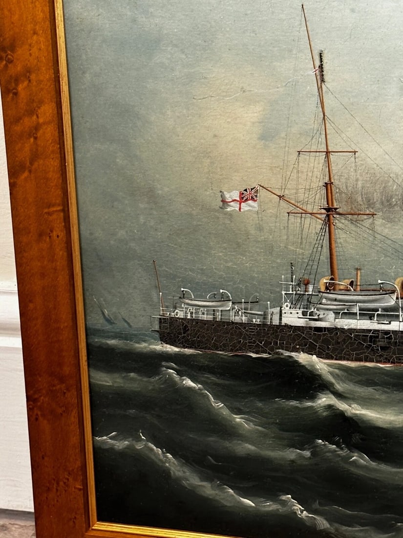 Oil Painting Marine Ship Blake Class Cruiser Royal Navy HMS Blenheim C1900's - 4