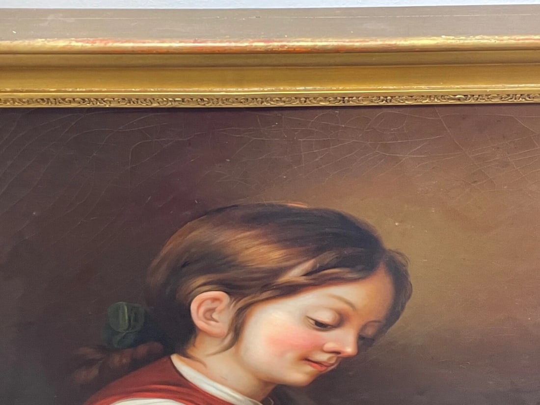 Large British Early Victorian Oil Painting Girl Playing House Of Cards - 12