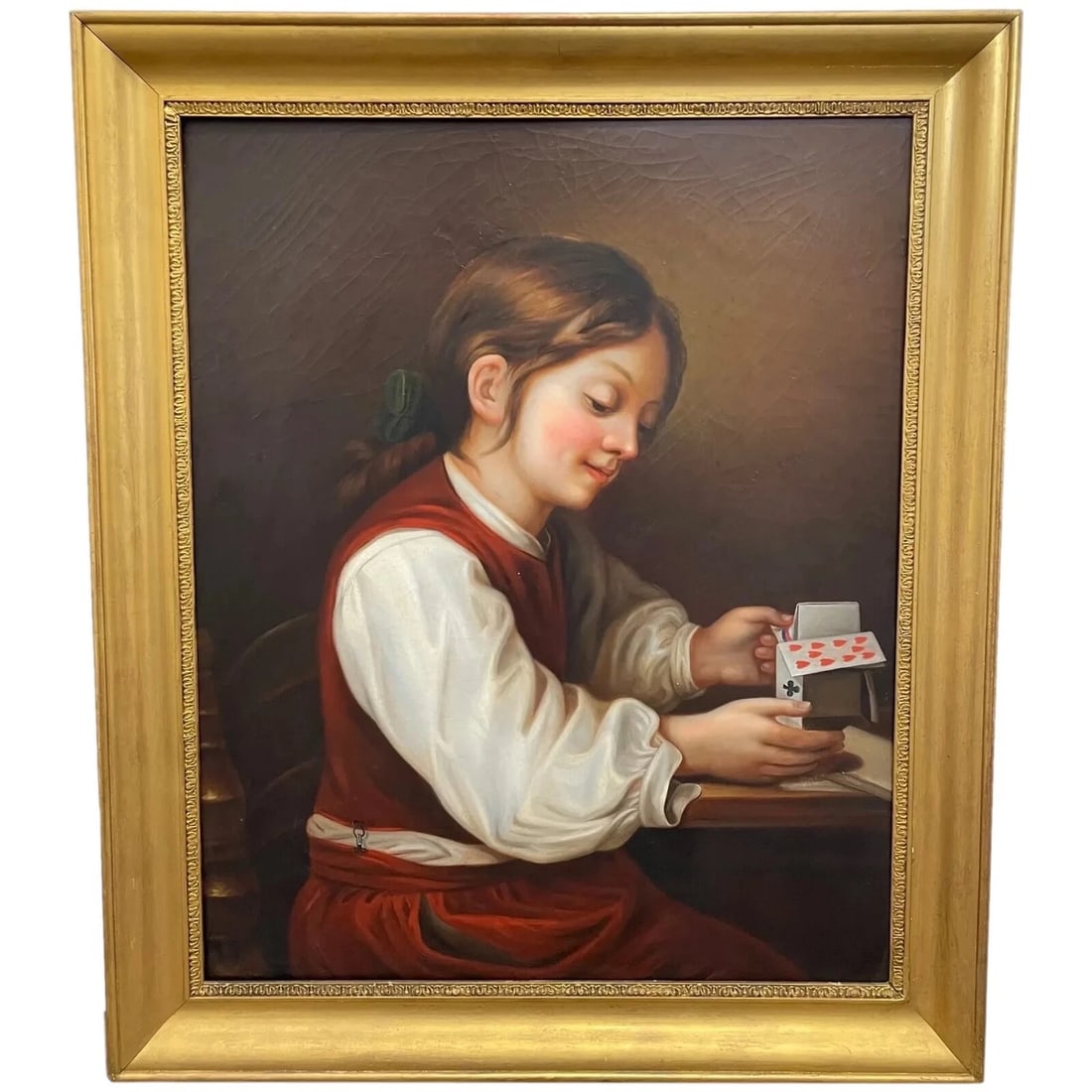 Large British Early Victorian Oil Painting Girl Playing House Of Cards: Antique British Work of Art Victorian Oil Painting Girl Playing House Of Cards Click image to enlarge Description 1 Fine Antique British Work of Art Victorian Oil Painting Girl