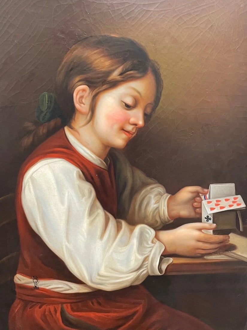 Large British Early Victorian Oil Painting Girl Playing House Of Cards - 2