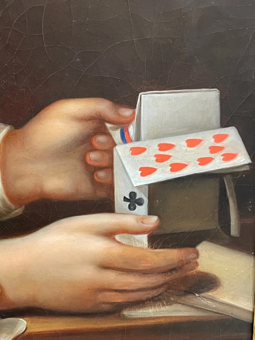 Large British Early Victorian Oil Painting Girl Playing House Of Cards - 3