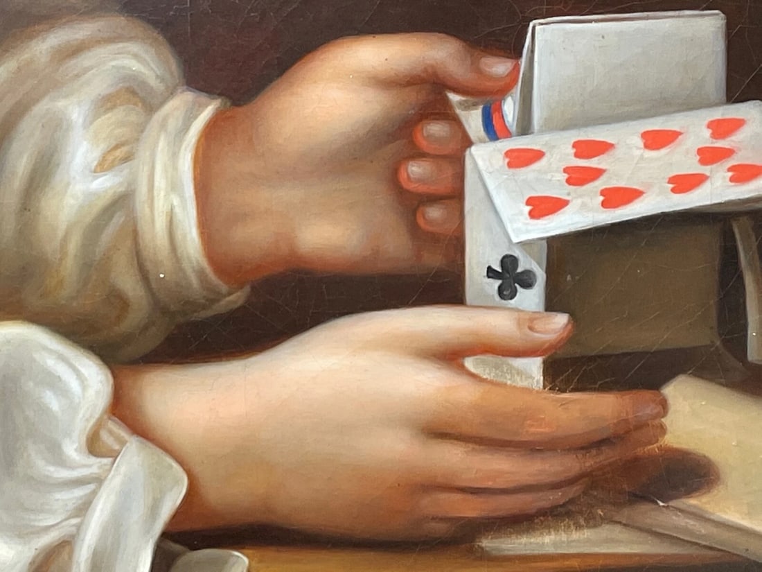 Large British Early Victorian Oil Painting Girl Playing House Of Cards - 6