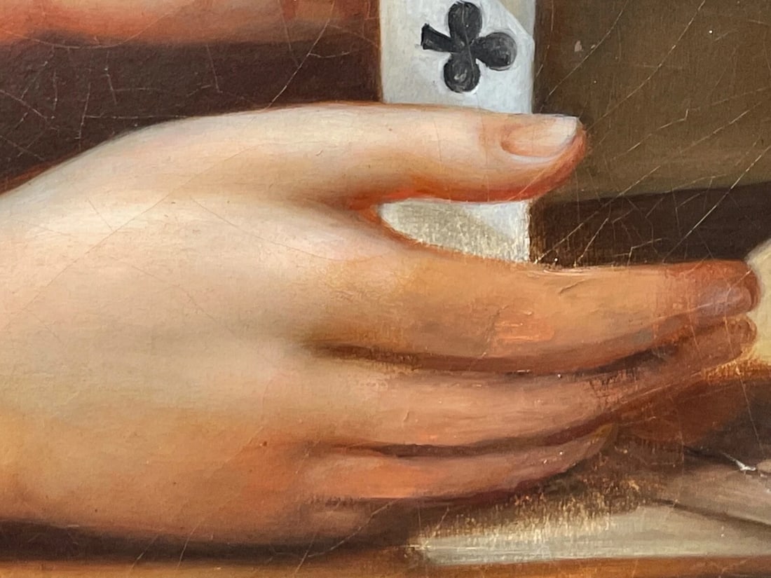 Large British Early Victorian Oil Painting Girl Playing House Of Cards - 7