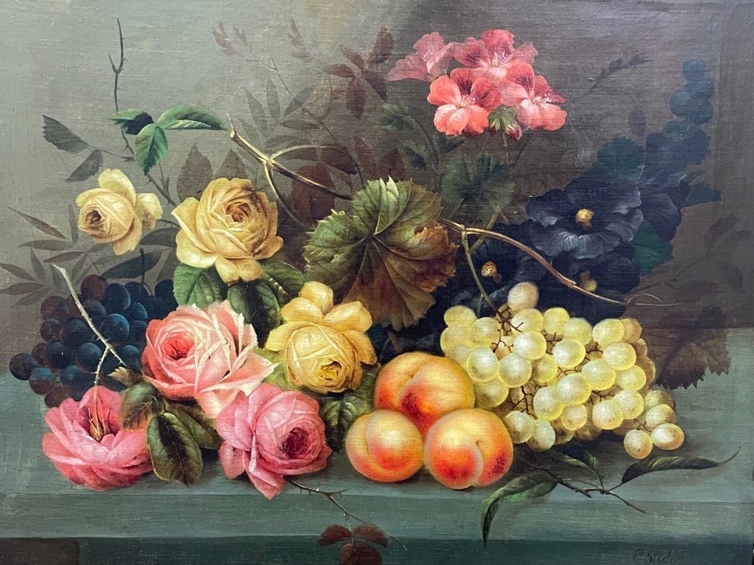 19th Century British Work Of Art Oil Painting Still Life Roses Peaches & Grapes - 6
