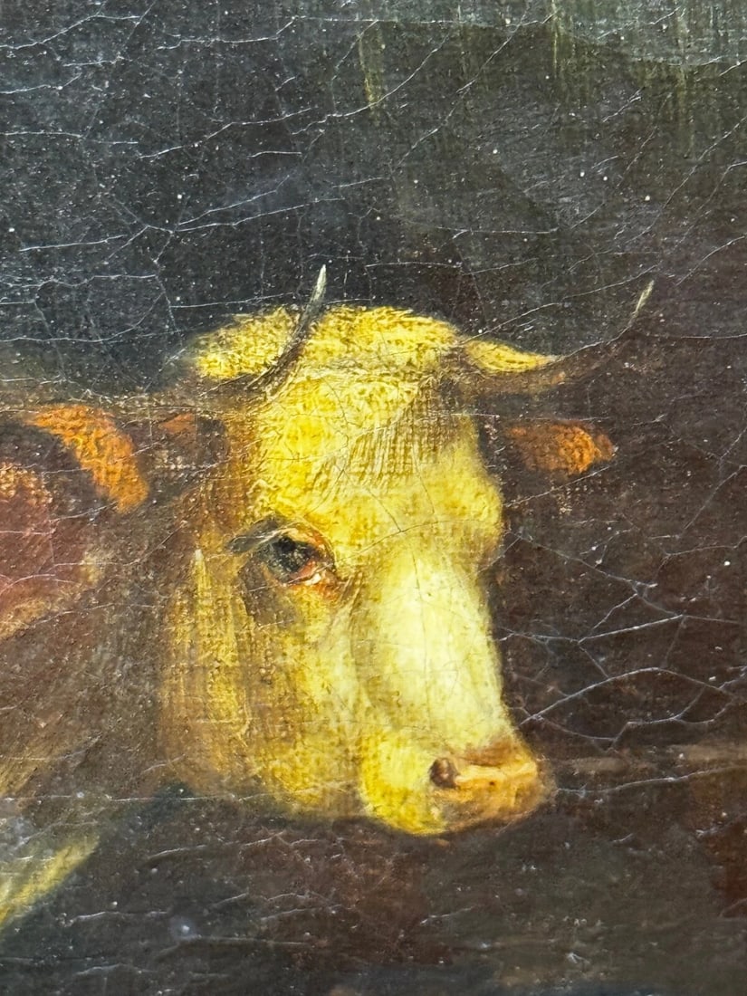 Painting Cows & Sheep Sheltering In Barn Follower of Thomas Sidney Cooper C1850 - 17