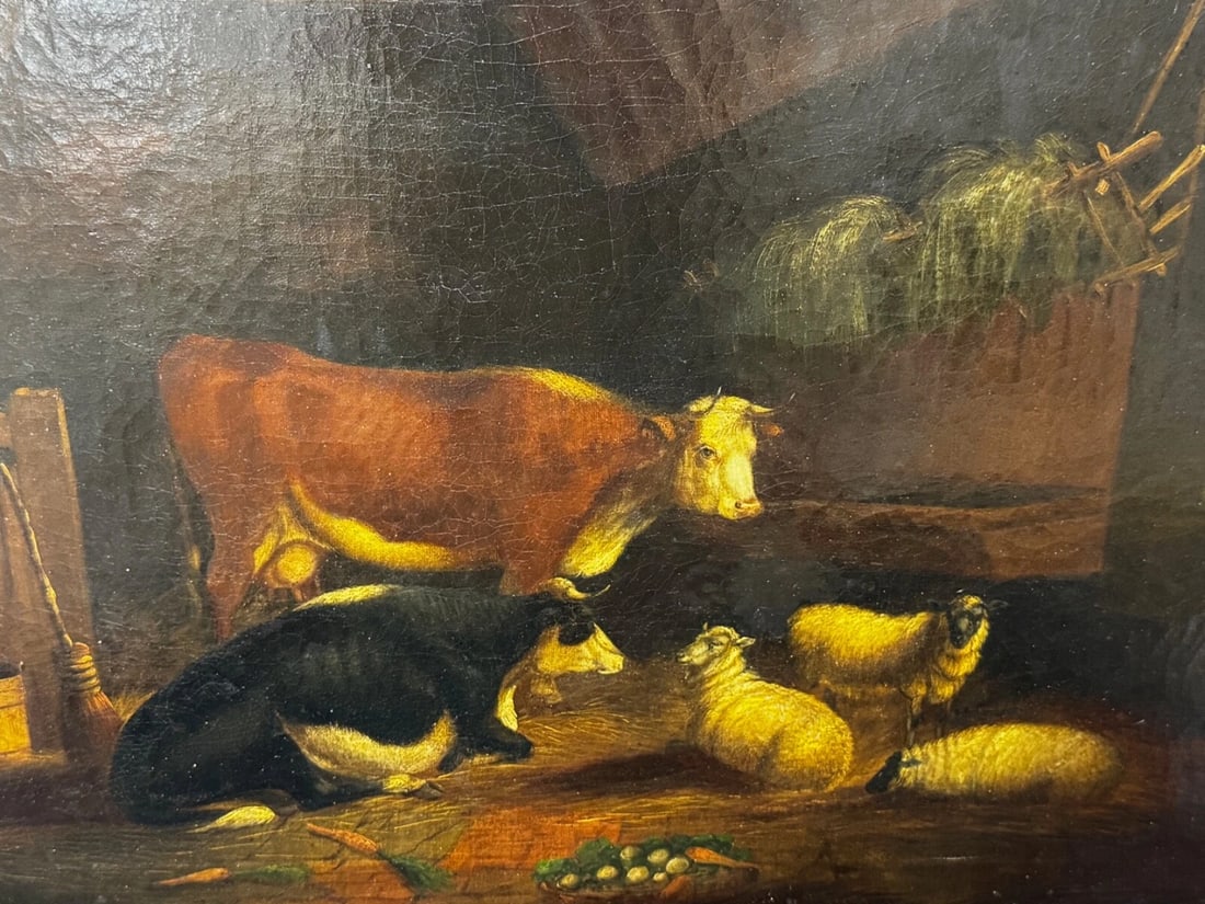 Painting Cows & Sheep Sheltering In Barn Follower of Thomas Sidney Cooper C1850 - 2