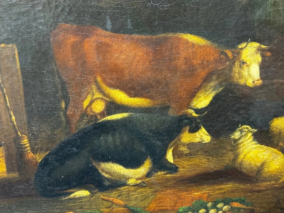 Painting Cows & Sheep Sheltering In Barn Follower of Thomas Sidney Cooper C1850 - 3