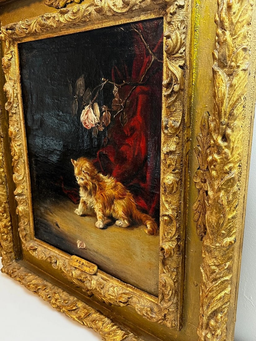 Oil Painting Kitten Patience Hunting Fly By Francisco José Domingo y Marqués - 20