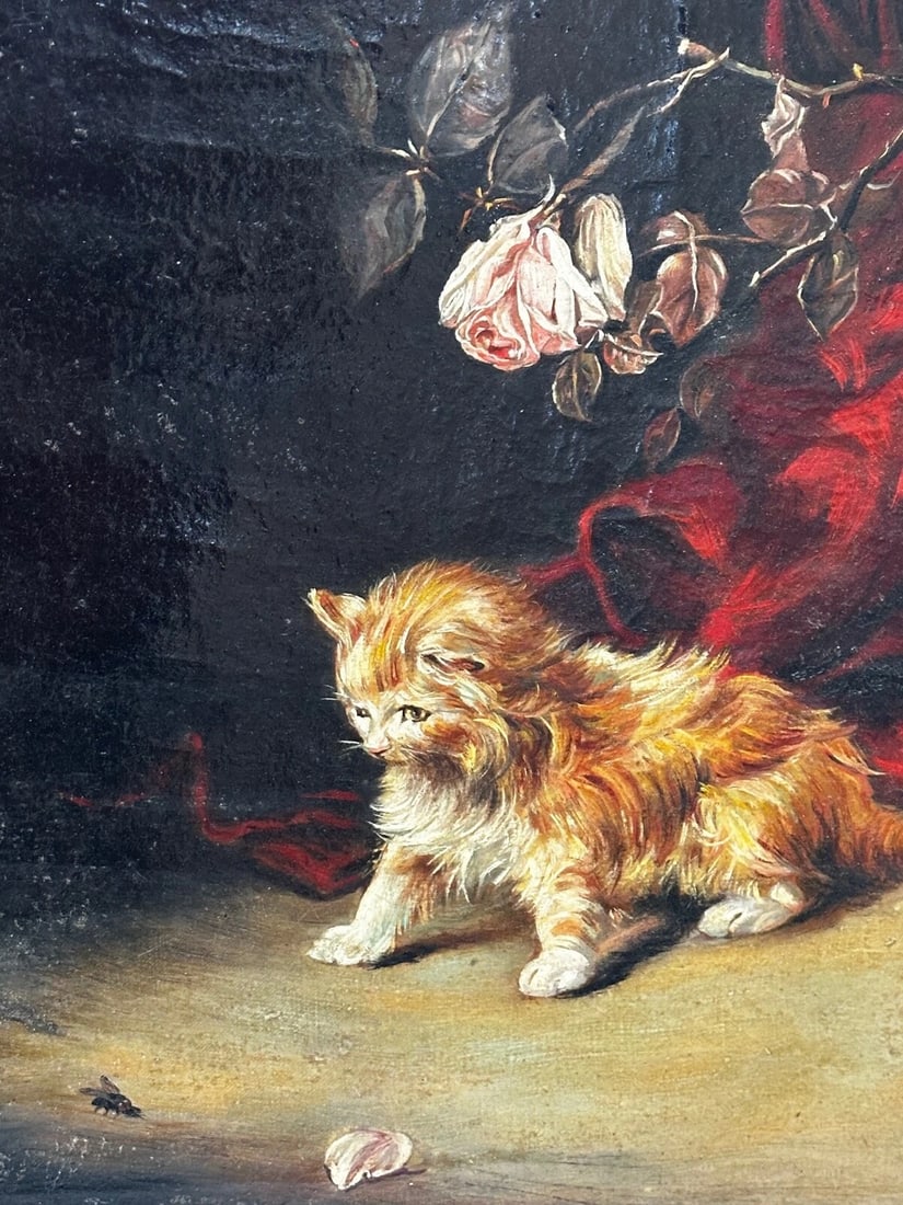 Oil Painting Kitten Patience Hunting Fly By Francisco José Domingo y Marqués - 4