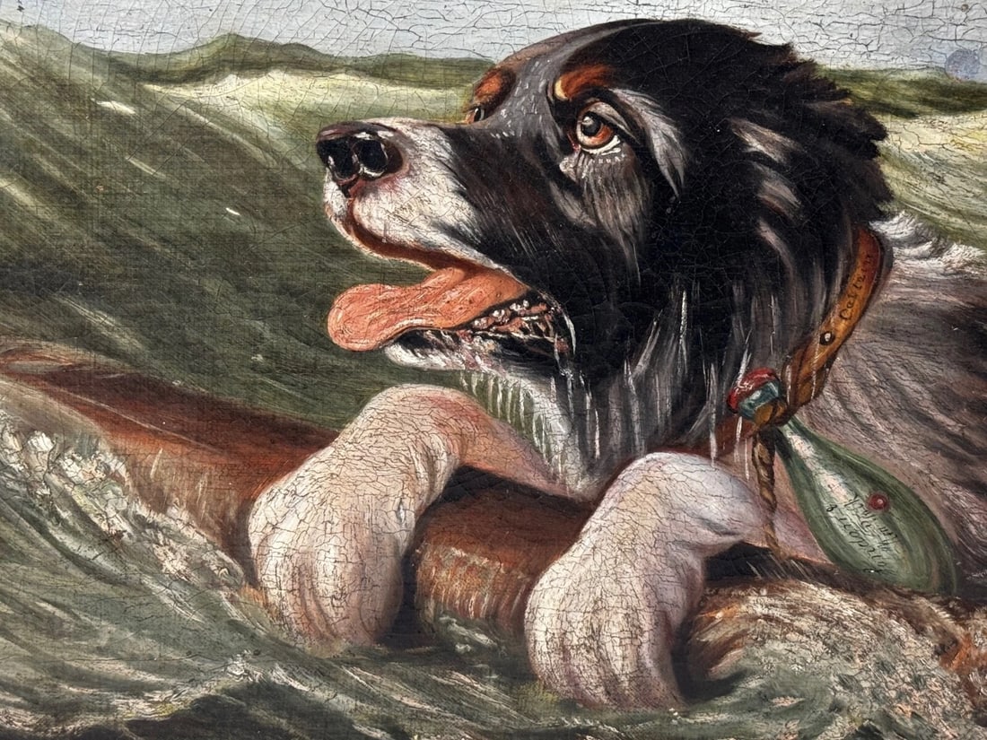 Marine Oil Painting Saint Bernard Dog Swamped Shipwrecked Approaching New York - 11