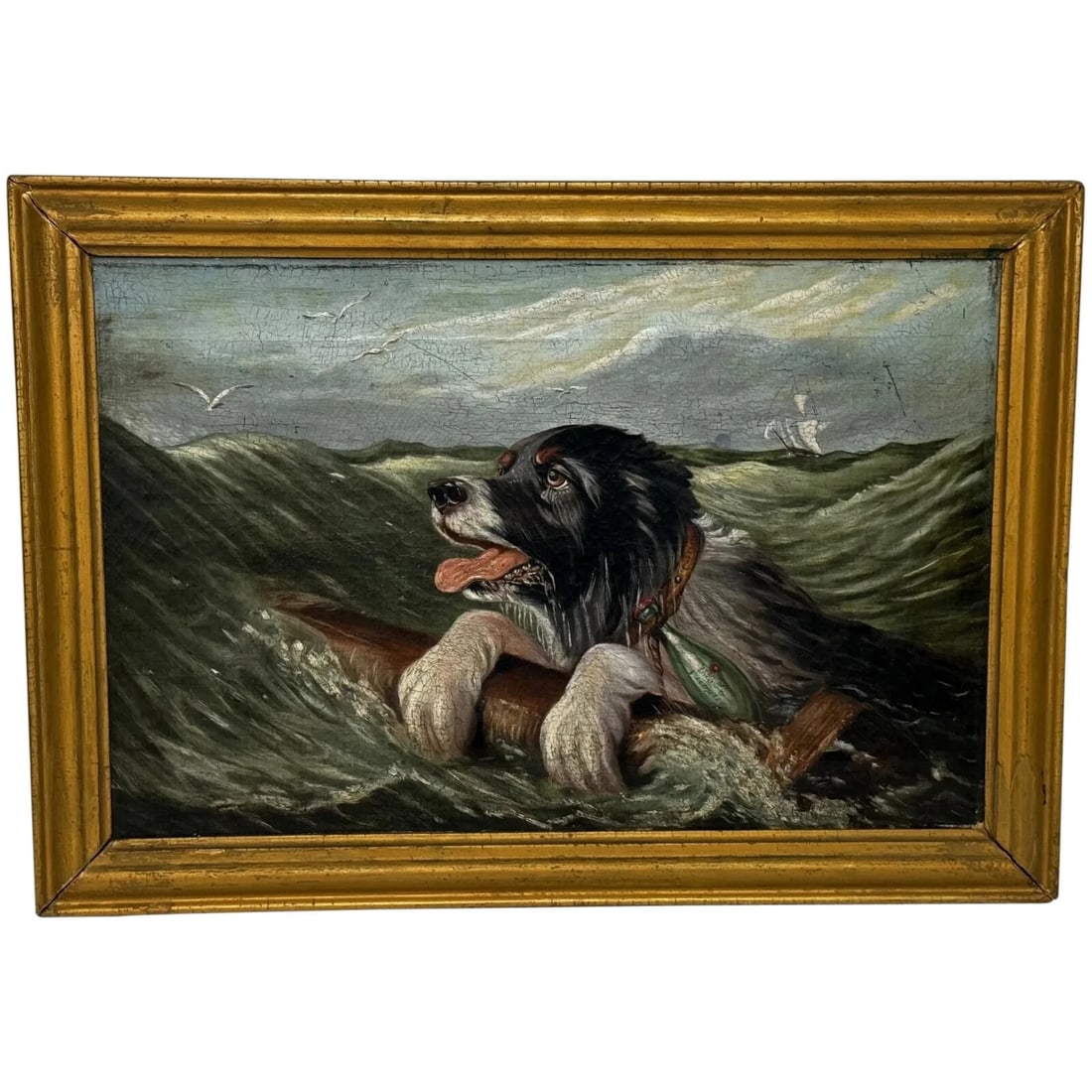 Marine Oil Painting Saint Bernard Dog Swamped Shipwrecked Approaching New York: Marine Oil Painting Saint Bernard Dog Swamped Shipwrecked Approaching New York Click image to enlarge Description 1 Fine Dramatic British Victorian Impressive Marine Oil Paintin