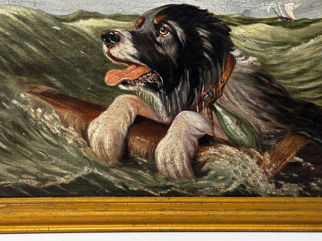 Marine Oil Painting Saint Bernard Dog Swamped Shipwrecked Approaching New York - 5