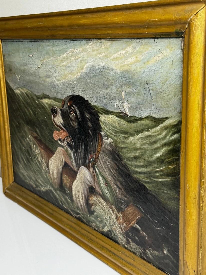 Marine Oil Painting Saint Bernard Dog Swamped Shipwrecked Approaching New York - 7