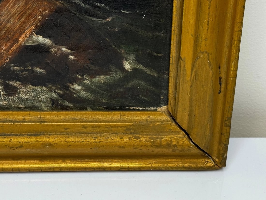 Marine Oil Painting Saint Bernard Dog Swamped Shipwrecked Approaching New York - 8