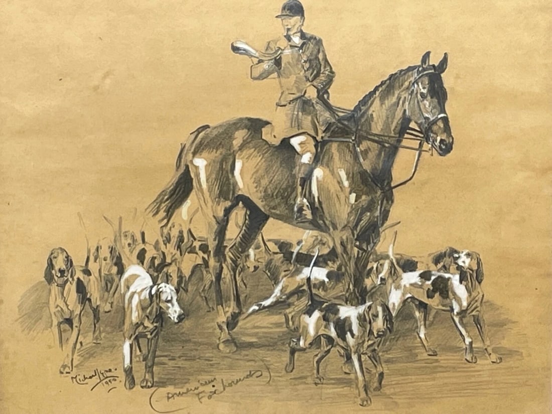 Hunting Drawing Heightened With White of American Foxhounds by Michael Lyne - 2