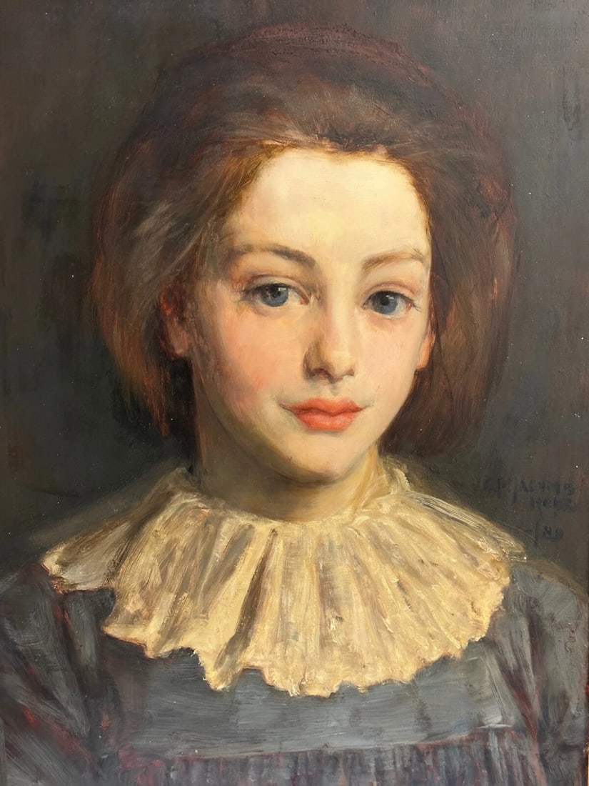 Lady Cherry Lips & Blue Dress Portrait by Signed George Percy Jacomb-Hood C1889 - 2
