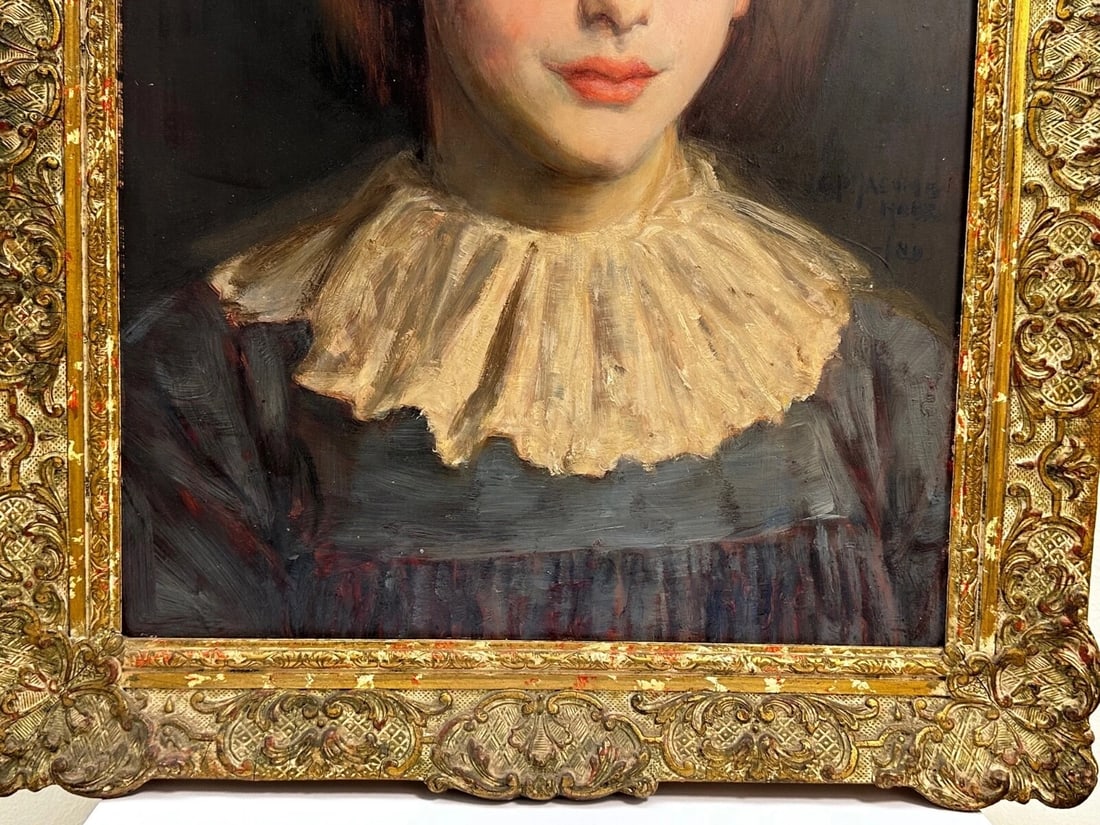 Lady Cherry Lips & Blue Dress Portrait by Signed George Percy Jacomb-Hood C1889 - 6