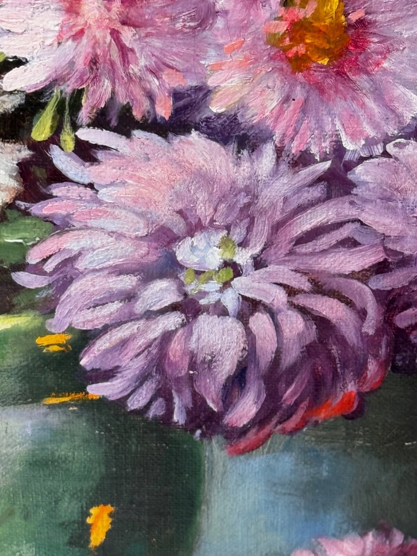 Victorian Still Life Oil Painting Flowers Chrysanthemums In Vase Emily Selinger - 10