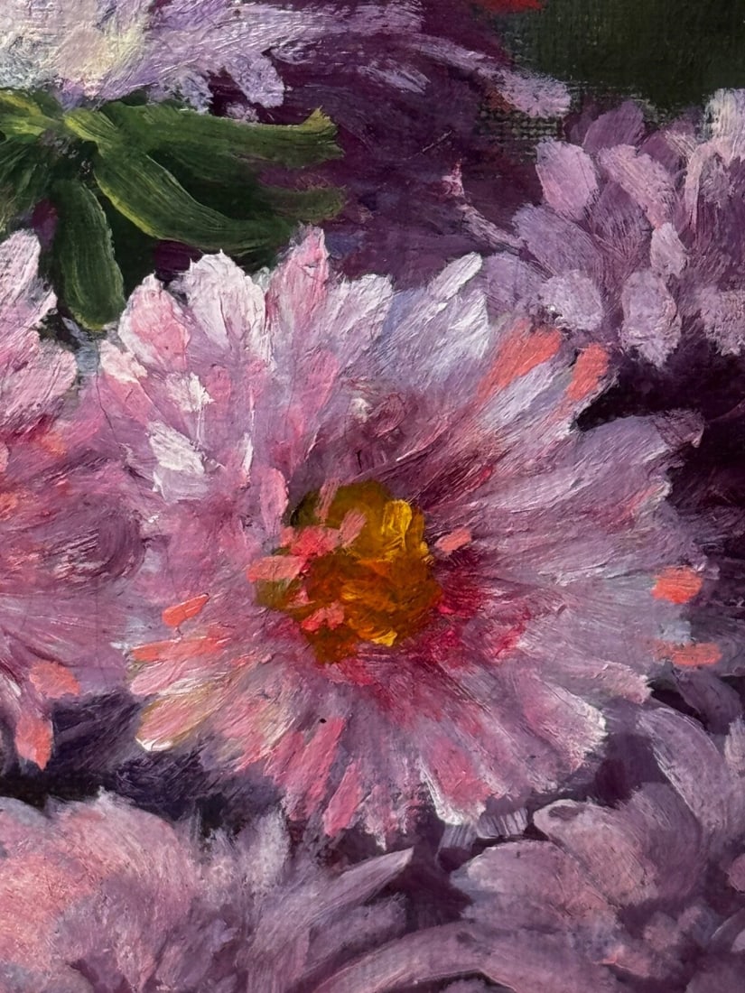 Victorian Still Life Oil Painting Flowers Chrysanthemums In Vase Emily Selinger - 11